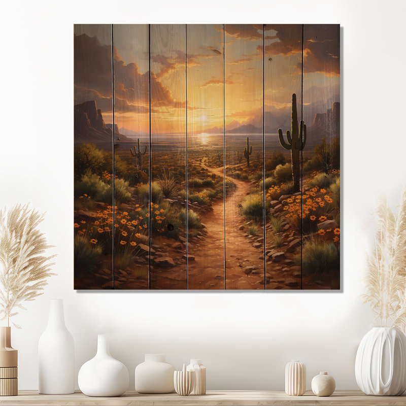 «Cactus Sunset Desert Dreams In Mexico II», reproduction d'art mexicain sur bois, H 25 po x l 25 po