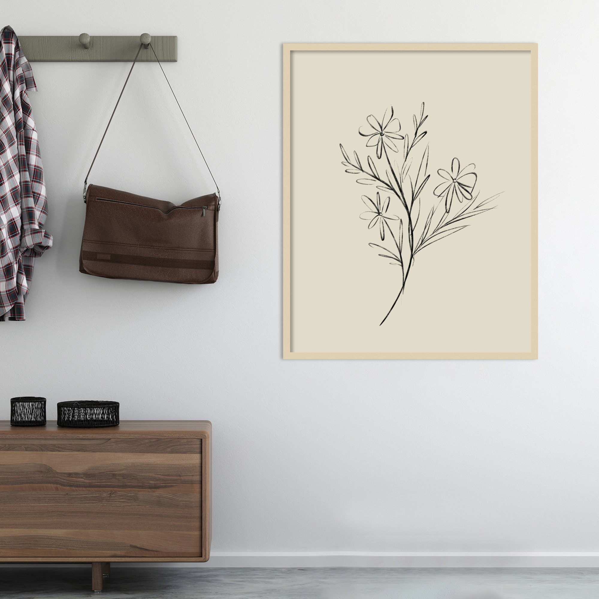 Line Drawn Flowers 1 by Border Bloom - Picture Frame Art, 33" W x 41" H x 1" D, Brown Framed