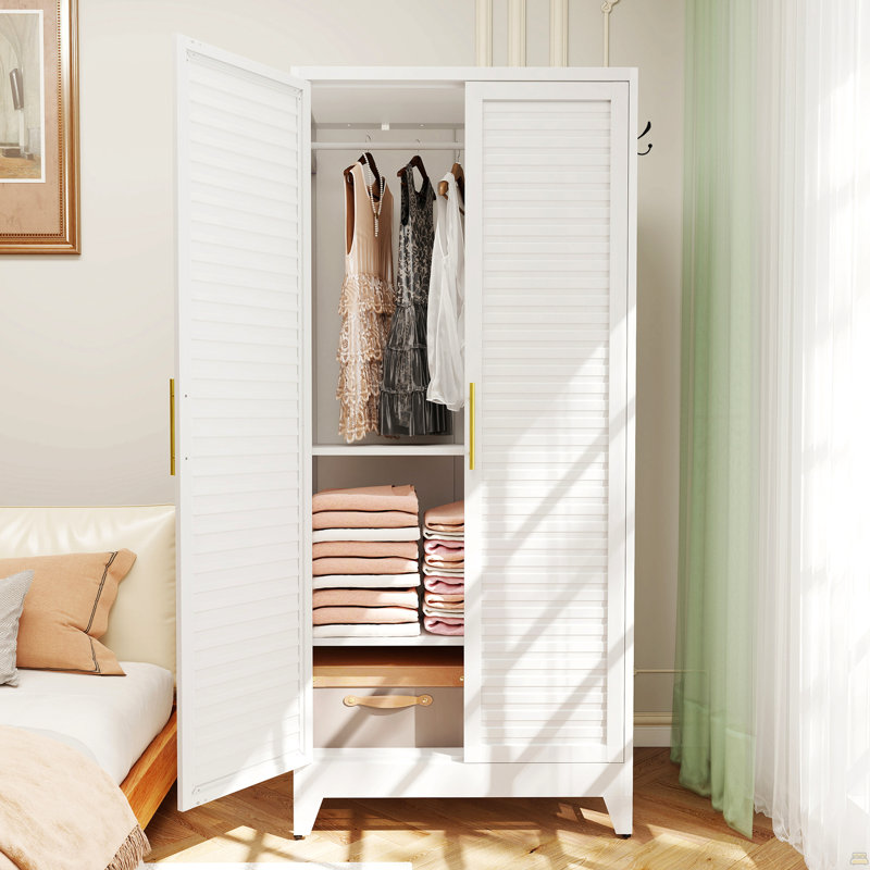 Garde-robe en métal avec 2 portes, armoire de rangement portative de 71 po de hauteur pour chambre à coucher, garde-robe légère
