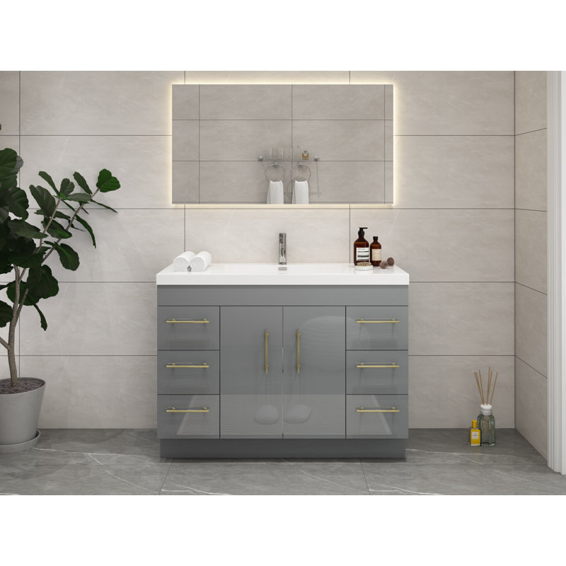 Carliss 48'' Single Bathroom Vanity with Acrylic Top, Glossy Gray, Gold