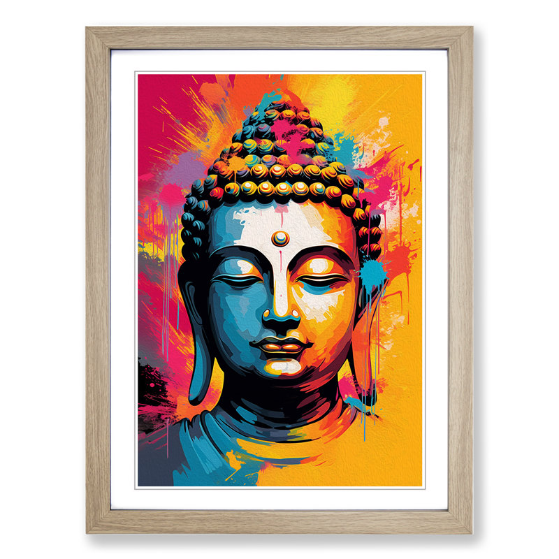 Buddha Pop No.3 - Single Picture Frame Print on Wood, Oak Framed, 64cm H x 46cm W x 2cm D