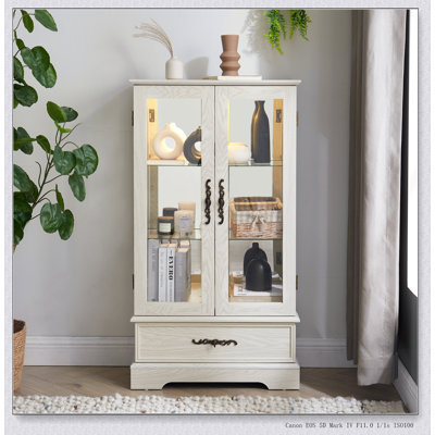 Armoire en chêne avec tablettes réglables en verre, 2 portes, 1 tiroir et éclairage