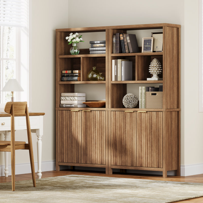 71" Tall Book Shelf With Cabinet 5 Tier Fluted Bookcase With Doors, Set of 2