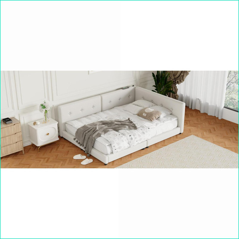 Structure de lit tapissier grand format en lin avec ports USB, aucun sommier nécessaire, beige pour la chambre à coucher