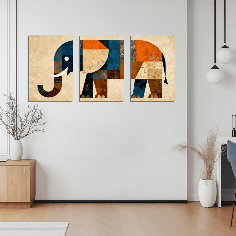 Éléphant géométrique, reproduction d'art sur toile, ensemble abstrait (ensemble de 3), H 36 po x l 72 po