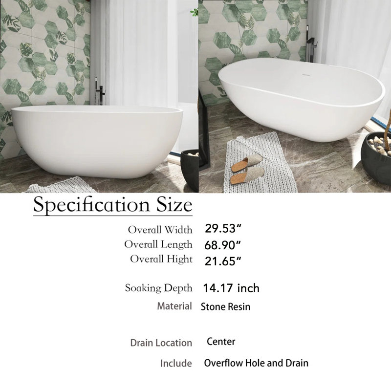 Baignoire autoportante 69 po x 29,5 po à surface solide blanc mat