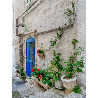 Posterazzi Italy Puglia Brindisi Itria Valley Ostuni Blue Door And Potted Plants Along The Alleyways And Streets Of Old Town Ostuni Poster by Julie - Unframed Photograph