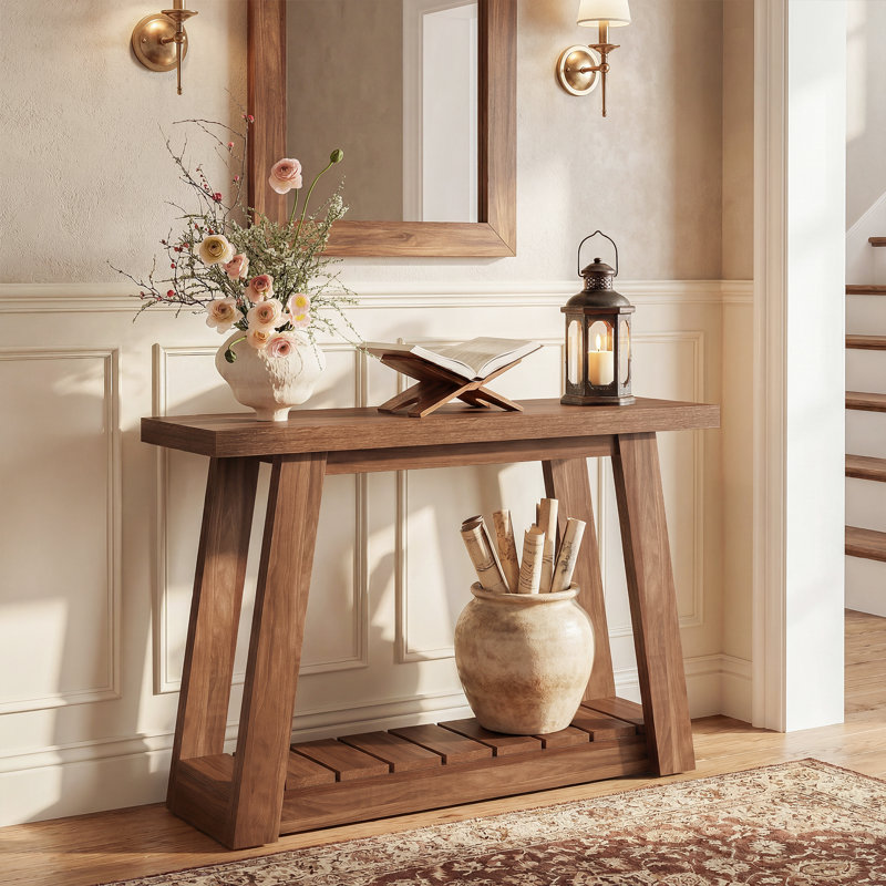 41" Console Table, Rustic Farmhouse Entryway Table With Lower Storage Shelf, Narrow Sofa Table For Living Room, Natural Walnut Brown