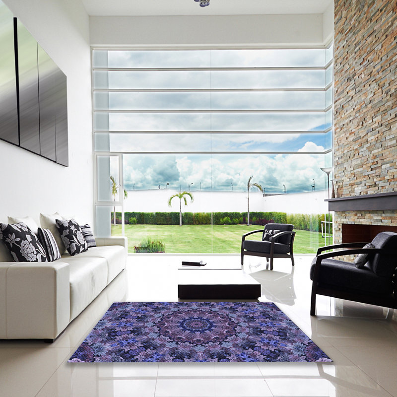 Tapis 100% bleu à motif lavable à la machine 2989, Carré 7 pi