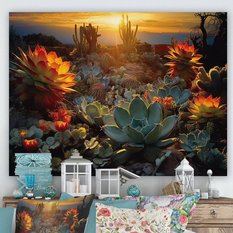 Succulent Desert Cactus Field Burning Sunset - Succulent Wall Art, H 30 po x l 40 po, Toile tendue, Sans cadre
