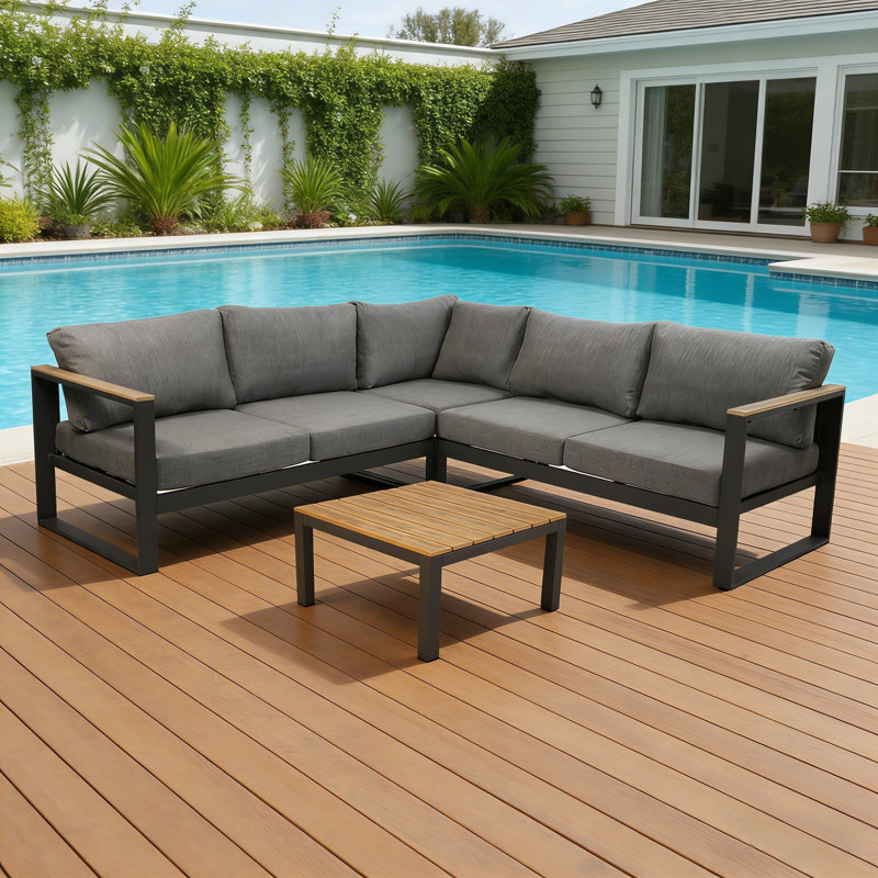 Outdoor Sectional Sofa Set 5-Person, All-Aluminum Frame Patio Conversation Set with Woven Fabric Cushions & Coffee Table, Rust-Proof Modular Outdoor Furniture for Backyard, Deck, Porch