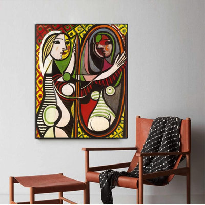 Framed Canvas Giclee Print Art Girl Before a Mirror by Pablo Picasso Wall Art Living Room Home Office Decorations(Black Slim Frame,24"x32")