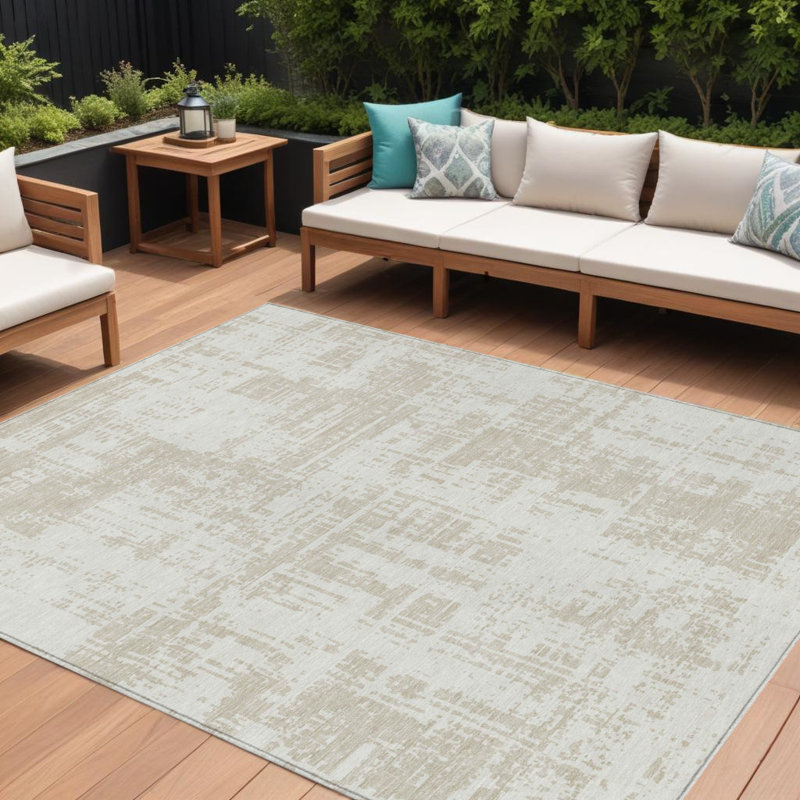 Tapis extérieur lavable abstrait ivoire et beige 10 pi x 14 pi