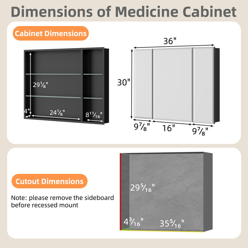 Armoire à pharmacie 36 po x l 30 po avec miroir en aluminium, meuble-lavabo encastré ou à fixation en surface avec tablette en verre trempé réglable, grand espace de rangement (noir)