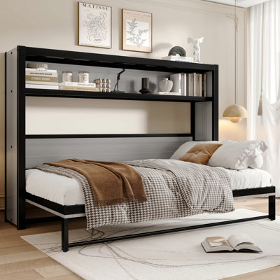 Lit escamotable simple avec tablettes, lit mural en métal au design pliable et peu encombrant, gris