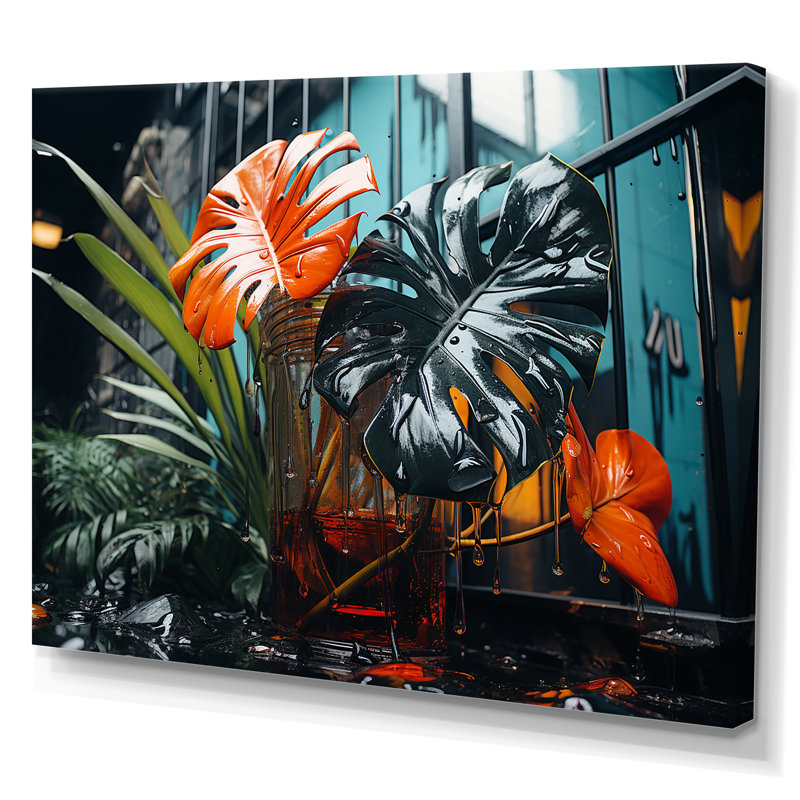 Art mural moderne orange et vert tropical II - Collages abstraits, Toile tendue, H 34 po x l 44 po x P 1,5 po