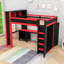 Grand lit mezzanine en bois avec garde-robe intégré, bureau, tablettes et station de charge-1302228483