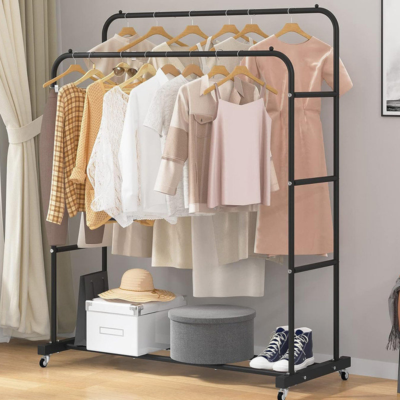 Black Double Rods Portable Clothing Rack with Wheels