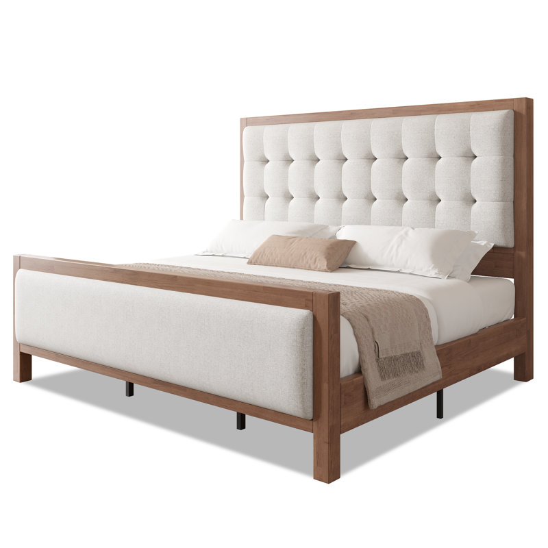 Lit plateforme tapissier avec tête de lit et pied de lit Behka, Grand lit, Noyer