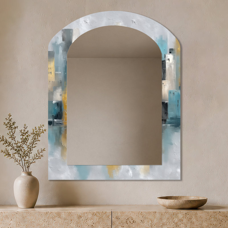 Miroir mural moderne - paysage urbain abstrait jaune et bleu, impression sur métal, 43" x 33"