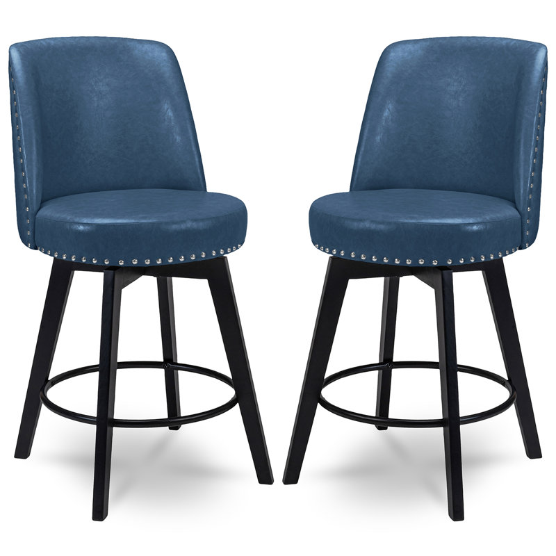 MINCETA Counter Height Bar Stools Set of 2, 26" Swivel Bar Stools with Solid Wood Legs, Farmhouse Upholstered Barstools with Nailhead Trim Design for Kitchen Island, Home Bar, PU Leather, Navy Blue