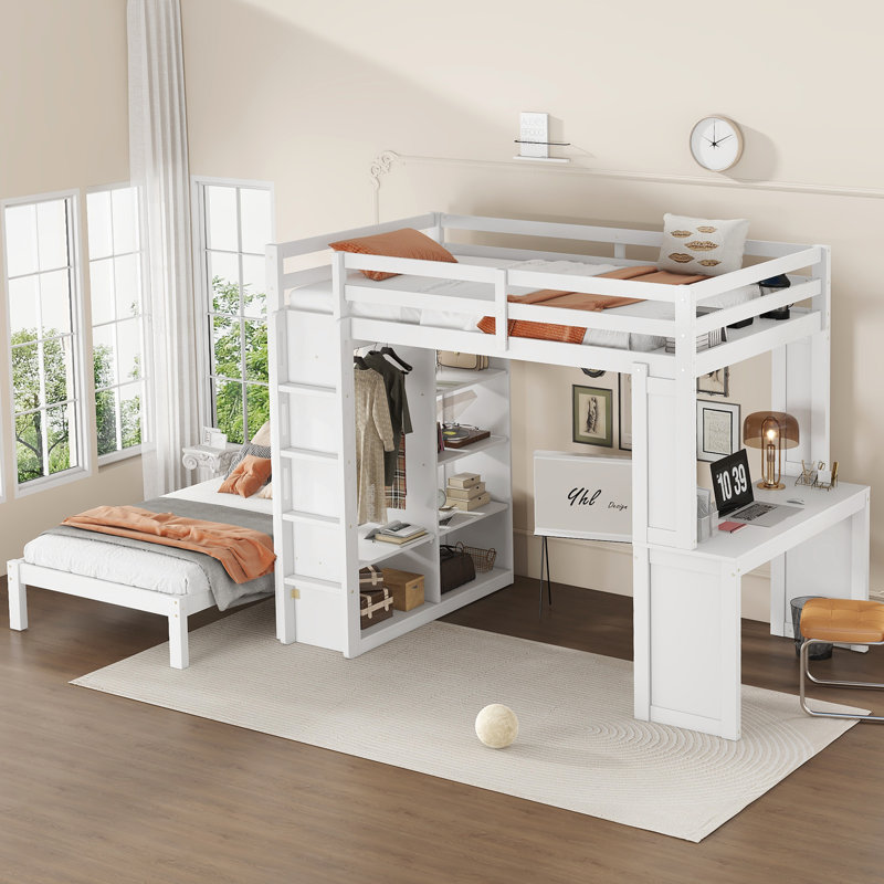 Lit superposé double TG / double avec lit inférieur amovible, bureau, structure de lit mezzanine en bois massif avec tablettes et garde-robe, blanc