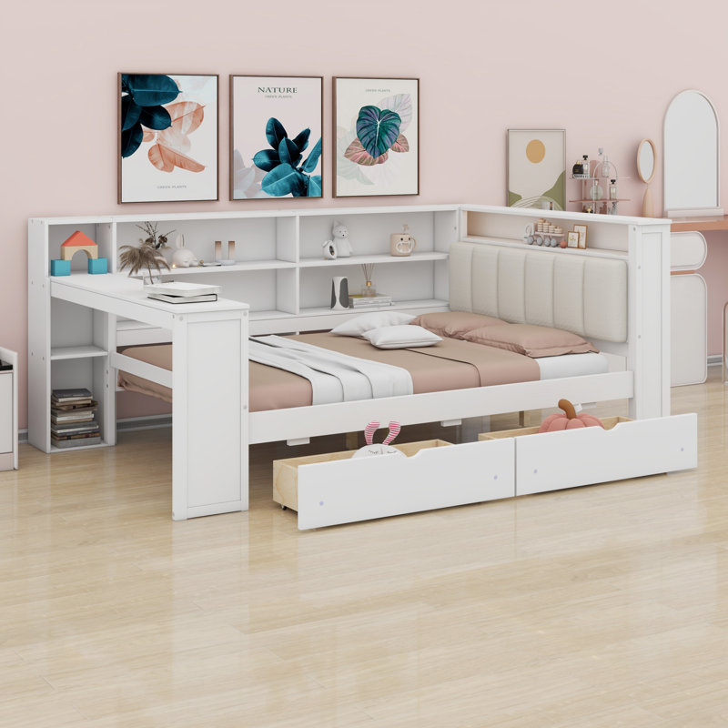 Lit plateforme en bois avec tablettes de rangement, tiroirs, station de charge, DEL, bureau et tête de lit tapissier, blanc