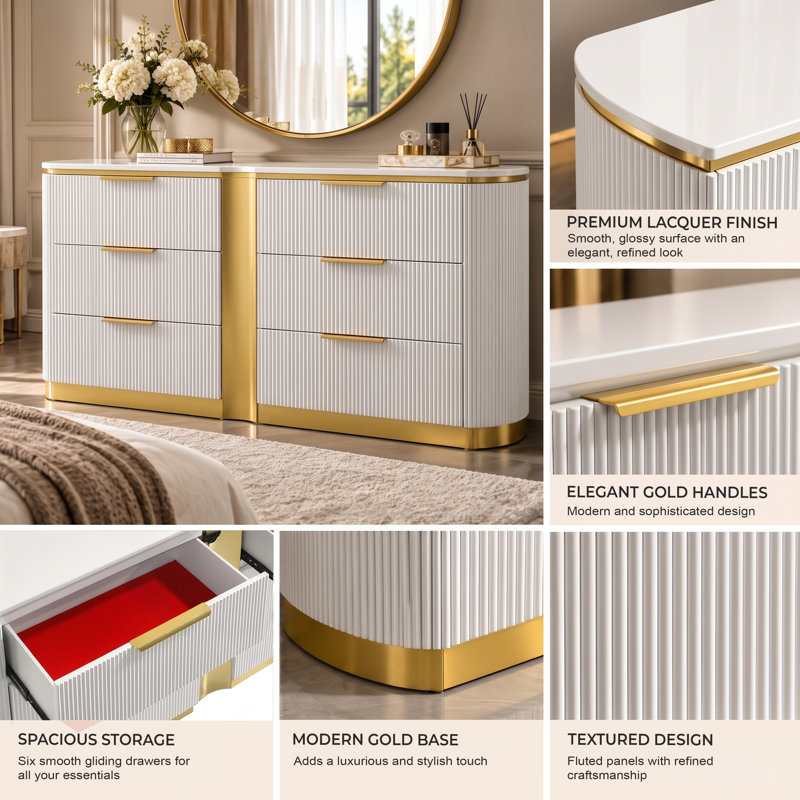 Eward 6-Drawer Dresser in White and Gold