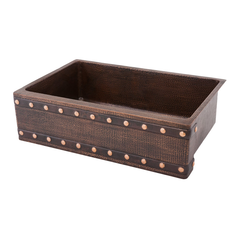33" Hammered Copper Kitchen Apron Single Basin Sink w/ Barrel Strap Design with Matching Drain and Accessories