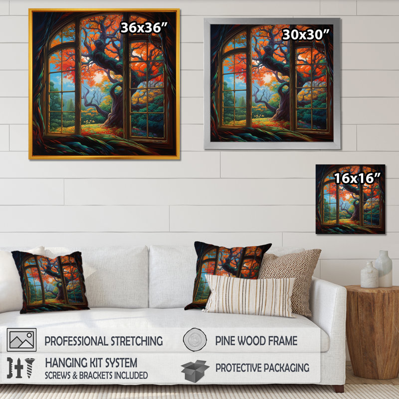 «Richana Orange and Brown Branches In Window I», reproduction sur toile, Encadrement doré, H 36 po x l 36 po x P 1,5 po