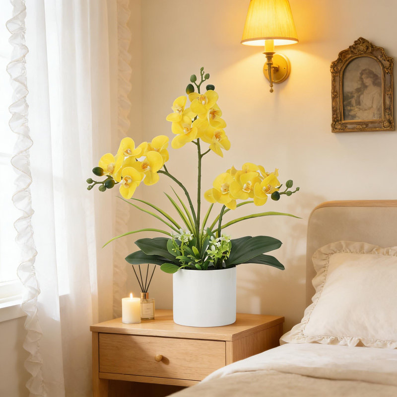 Fleurs artificielles artificielles avec vase pour centres de table, Jaune