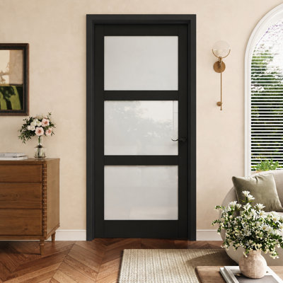 Porte prémontée noire à 3 vantaux (81 x 203 cm), vitrage dépoli intérieur avec charnières noires, opacité garantie et cadre noir, insonorisée et imperméable, idéale pour buanderie, salle de bain, cuisine, garde-robe, chambre, ouverture à gauche.