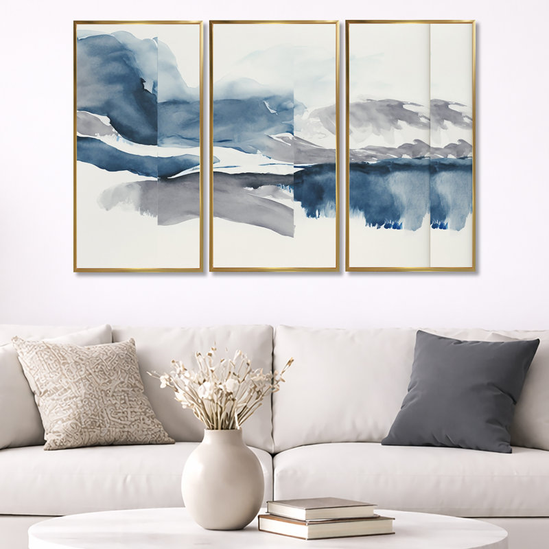 «Through The Sapphire Blue Clouds I», reproduction sur toile 3 pièces, Cadre flottant doré, H 32 po x l 48 po