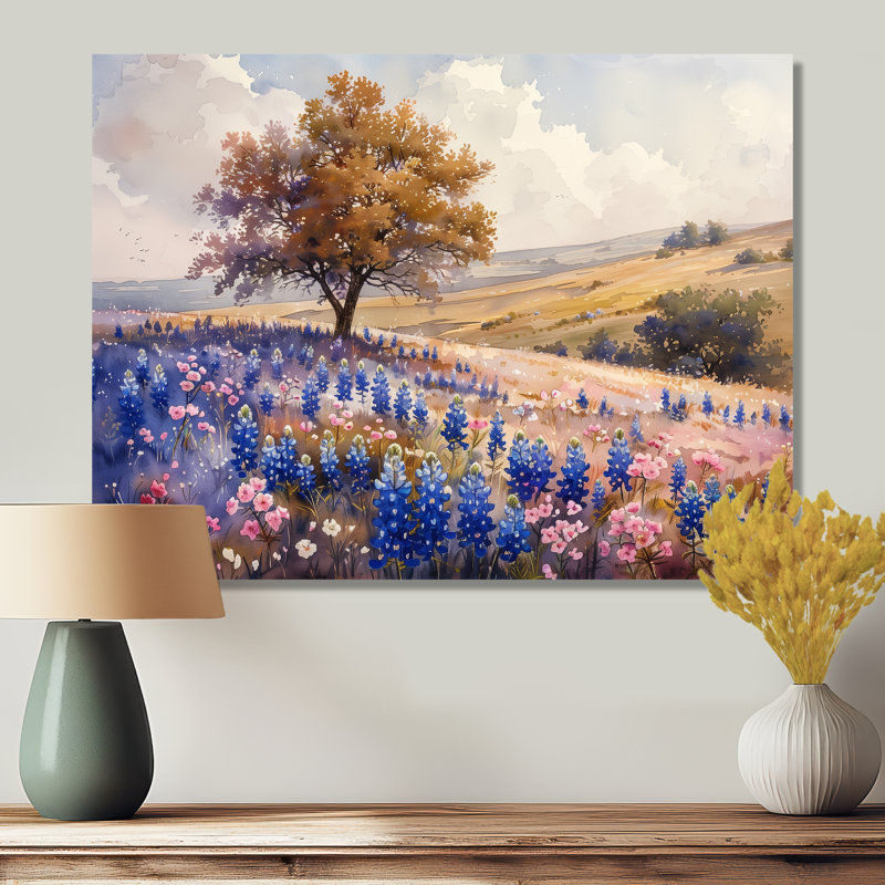 Bleu, bleu, fleurs sauvages, bleu, Bonnets, rêves I - Blue Bonnets, art mural, salon, Métal métal, H 30 po x l 40 po
