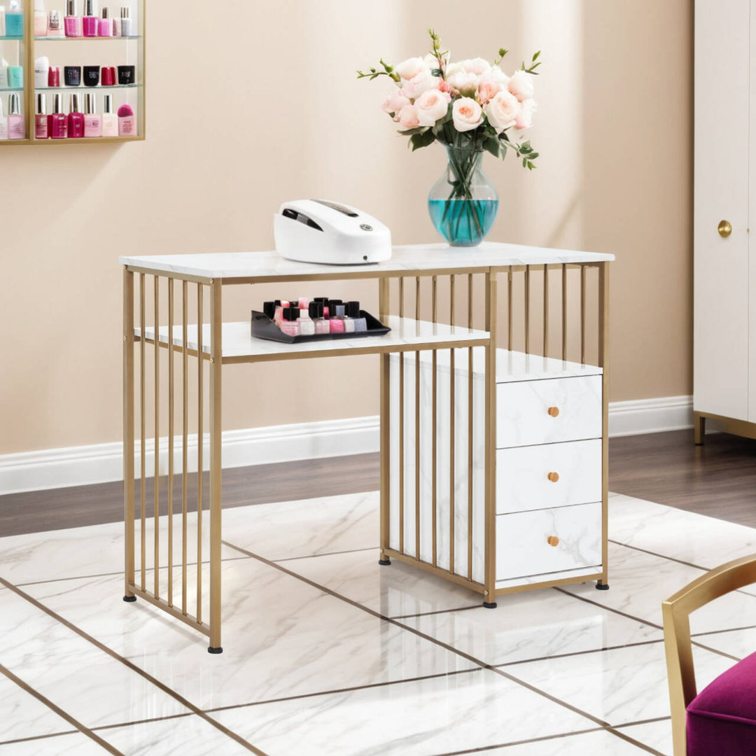 Lorijean White Makeup Vanity Desk with Storage Drawer, Nail Desk with Metal Frame Everly Quinn