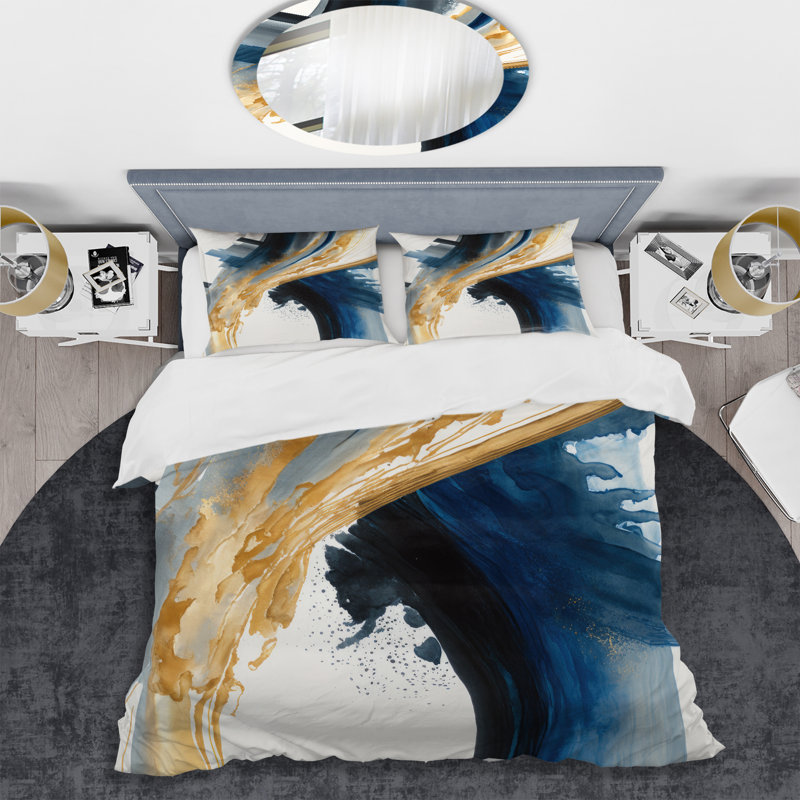 Bleu et or tourbillon abstrait I - ensemble de housse de couette spirale moderne - polyester microfibre