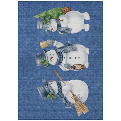 Tapis bleu marine Xhevrie bonhomme de neige lavable à la machine intérieur / extérieur