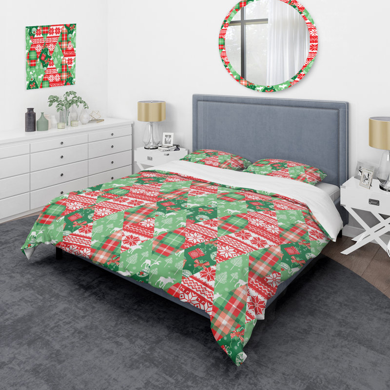 Patchwork vert et rouge - ensemble de housse de couette abstrait - microfibre de polyester