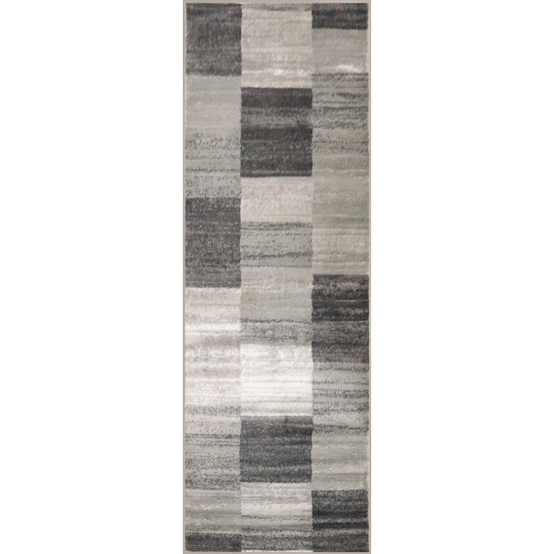 Tapis argenté à motif géométrique moderne Krasmir, Tapis de couloir 2 pi 7 po x 8 pi