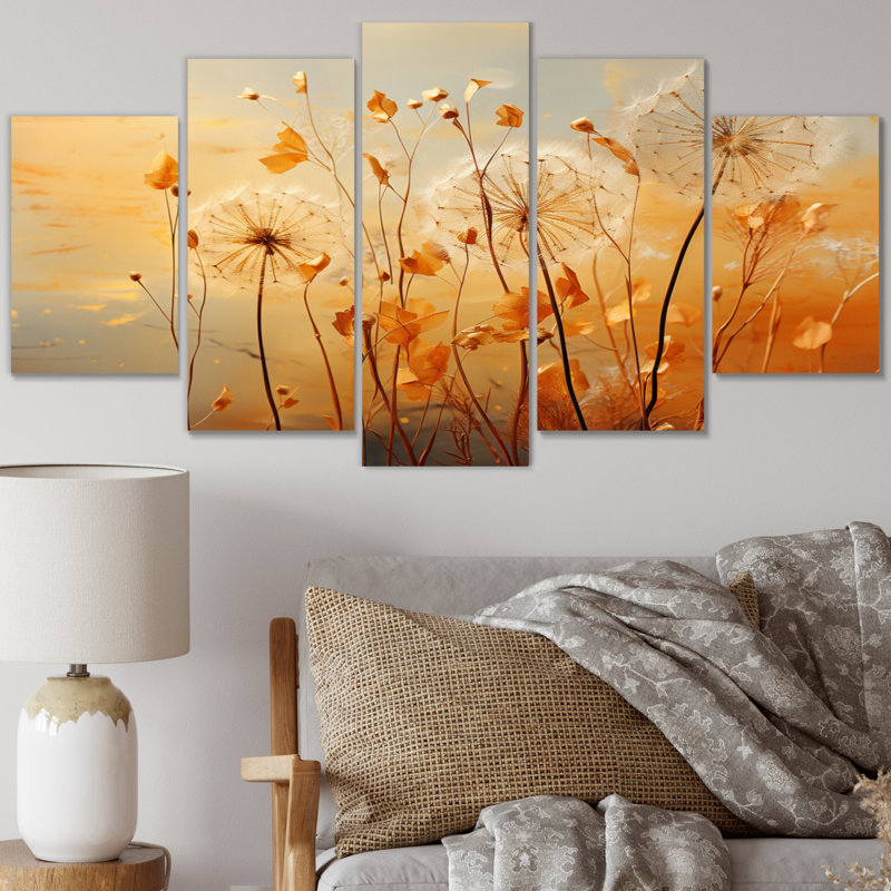Orange Dandelion Dreams I - ensemble de reproductions d'art mural en métal floral