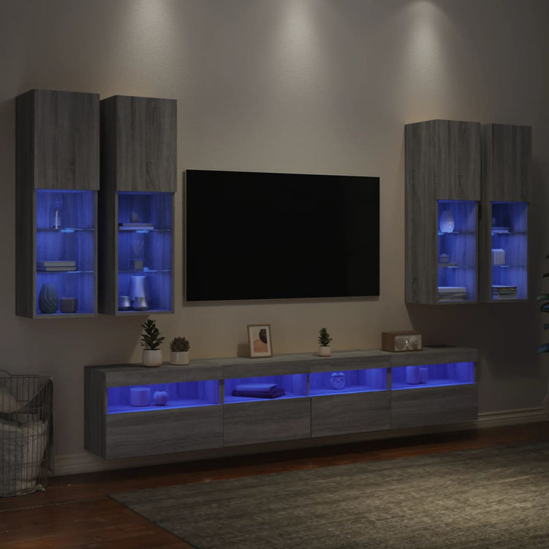 7 Piece TV Wall Cabinet Set with LED Lights, 40.16cm H x 86.61cm L x 11.81cm W, Grey Sonoma