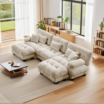 Light Coffee Chenille Cloud Upholstered 3-Seater Sectional Sofa With 2 Ottomans & 5 Pillows For Small Spaces