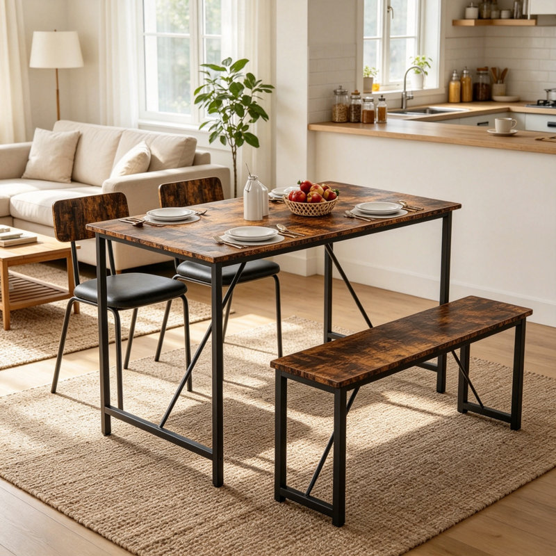 Ensemble de table et de chaises pour 4 personnes, style industriel, avec 2 chaises avec dossier et 1 banc. Plateau en bois rustique. Ensemble de salle à manger avec structure en métal, idéal pour les petits espaces et les appartements.