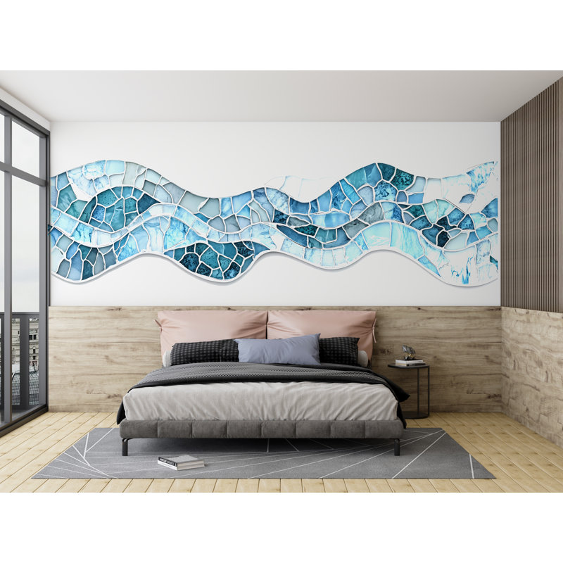 Adhésif décoratif abstrait en forme de vague bleue en vinyle, art mural amovible inspiré de l'océan pour la chambre ou le salon