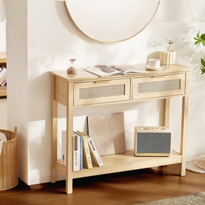 Console en rotin avec 2 tiroirs de rangement et portes coulissantes