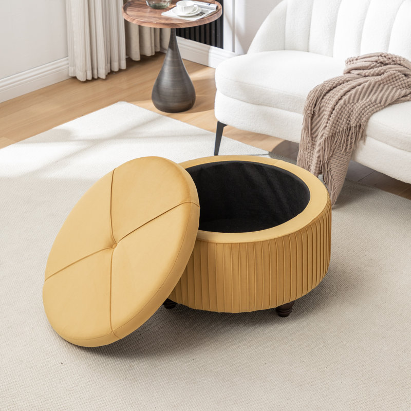 Repose-pieds rond avec rangement en velours Bula, Jaune