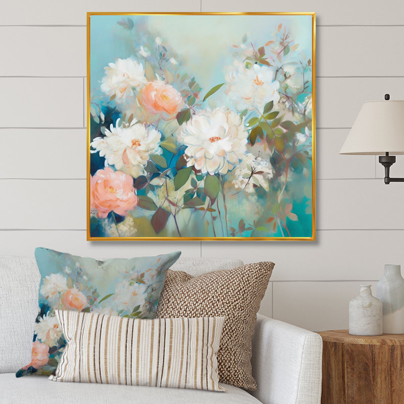 Romanok, rose, bleu, œillets, fleur sur toile, H 16 po x l 16 po x P 1 po, Cadre flottant doré