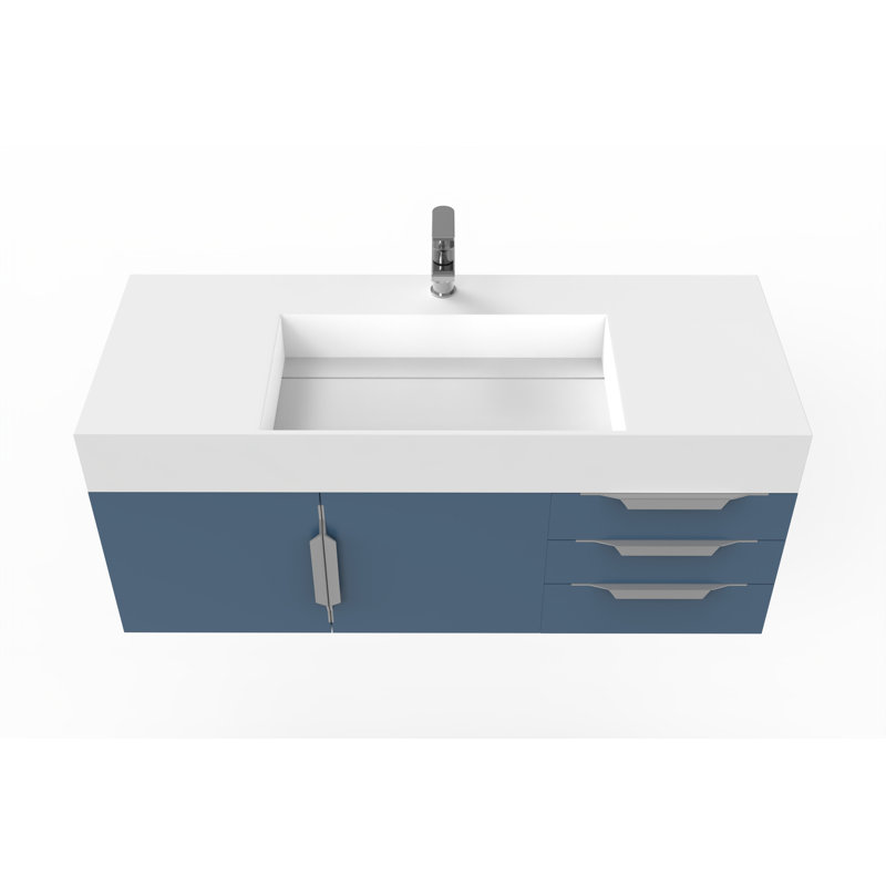 Meuble-lavabo mural simple 48 po avec comptoir à surface solide 48 po, Blanc, Gris, Chrome