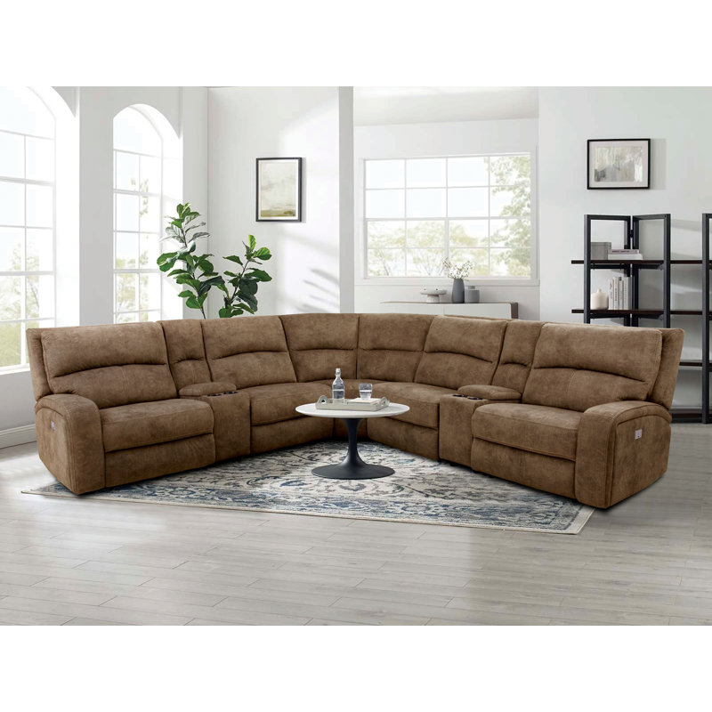 Drakos Upholstered Power Reclining Curved Sectional Symmetrical, Brown 100% Polyester