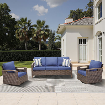 Ensemble de meubles d'extérieur 3 pièces de qualité supérieure, canapé en rotin spacieux et 2 chaises berçantes pivotantes, collection en osier PE toutes saisons pour patio, jardin, cour et bord de piscine